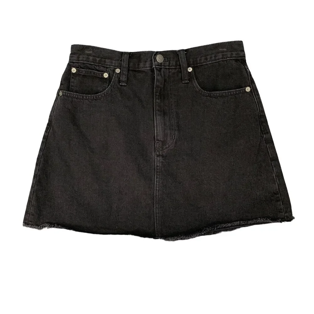 Madewell McCarren Denim Mini Skirt Womens 27 Black Wash Cotton Pockets Raw Hem